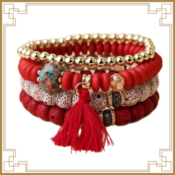 Jewelry - ❀ Bohemian Red 4PC Tassel Beaded Bracelet Bundle Set